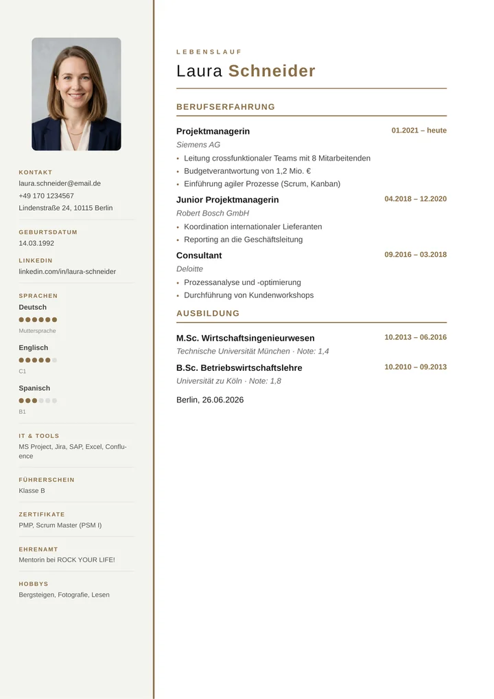 Lebenslauf-Vorlage Zweiteilig, Zwei-Spalten mit Seitenleiste